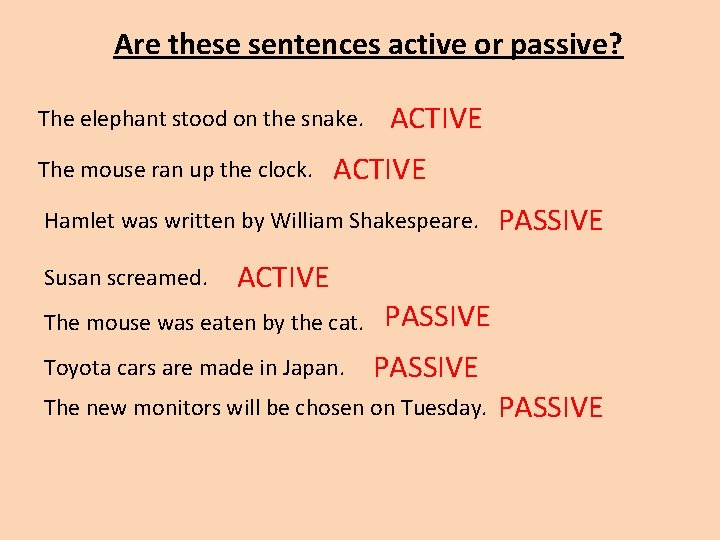Are these sentences active or passive? The elephant stood on the snake. The mouse
