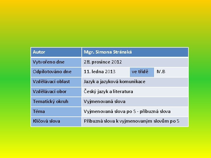 Autor Mgr. Simona Stránská Vytvořeno dne 28. prosince 2012 Odpilotováno dne 11. ledna 2013