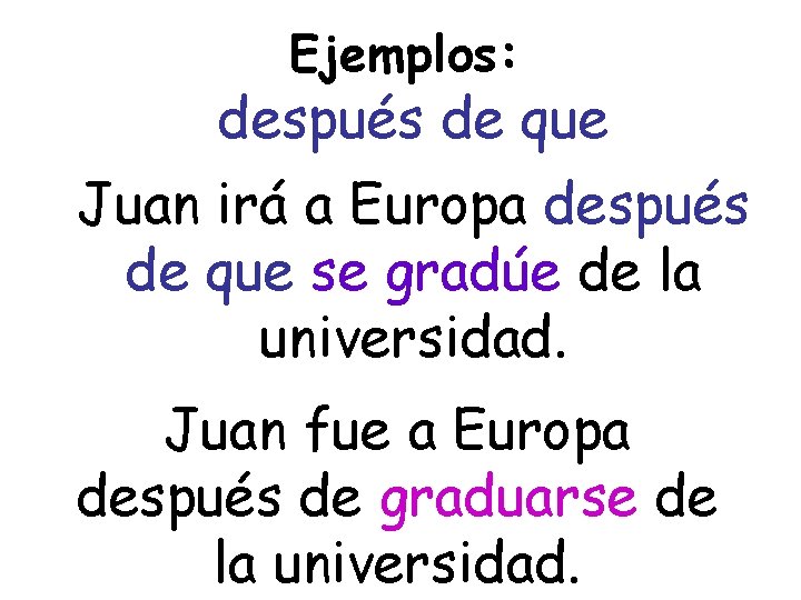 Ejemplos: después de que Juan irá a Europa después de que se gradúe de