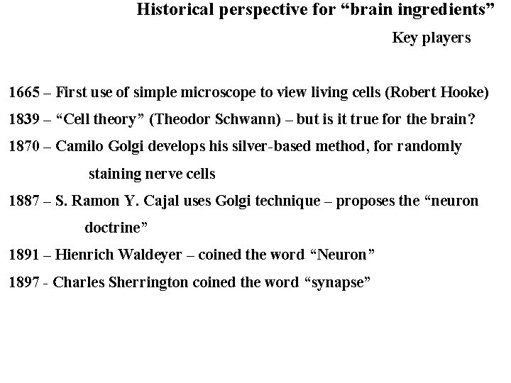 Historical perspective for “brain ingredients” Key players 1665 – First use of simple microscope