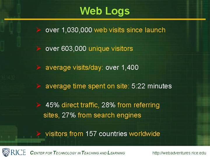 Web Logs Ø over 1, 030, 000 web visits since launch Ø over 603,