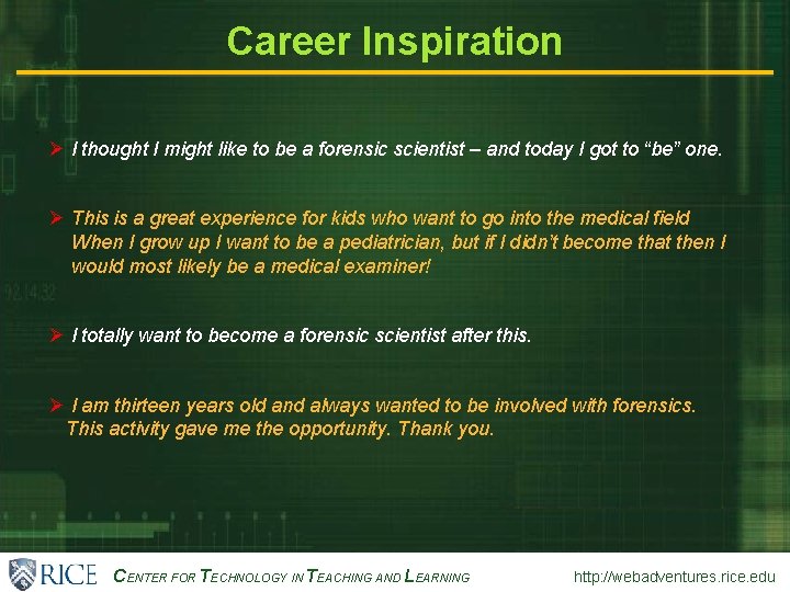 CENTER FOR TECHNOLOGY IN TEACHING AND LEARNING Career Inspiration http: //webadventures. rice. edu Ø