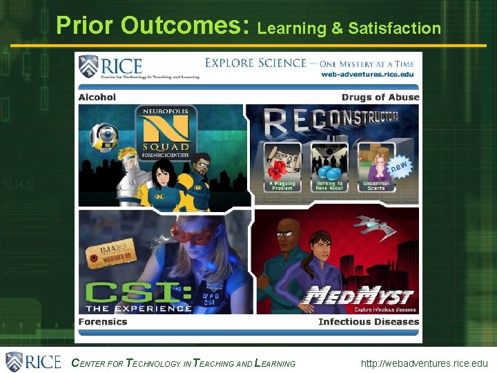 Prior Outcomes: Learning & Satisfaction CENTER FOR TECHNOLOGY IN TEACHING AND LEARNING http: //webadventures.