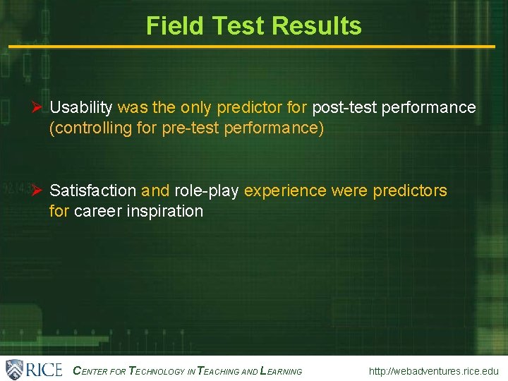 CENTER FOR TECHNOLOGY IN TEACHING AND LEARNING Field Test Results http: //webadventures. rice. edu