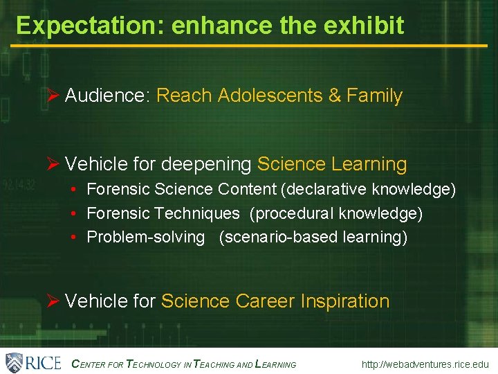 Expectation: enhance the exhibit Ø Audience: Reach Adolescents & Family Ø Vehicle for deepening