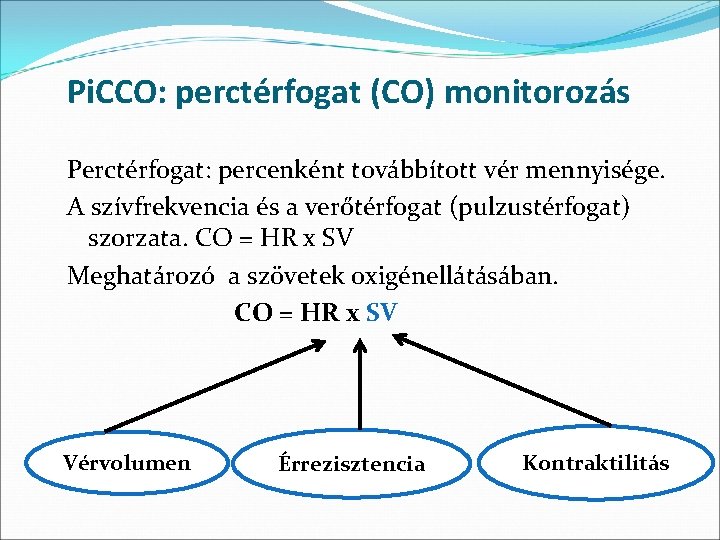 Pi. CCO: perctérfogat (CO) monitorozás Perctérfogat: percenként továbbított vér mennyisége. A szívfrekvencia és a