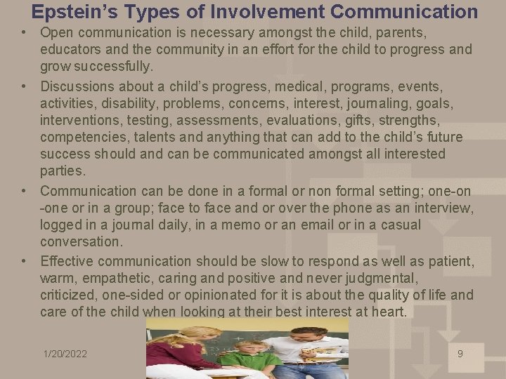 Epstein’s Types of Involvement Communication • Open communication is necessary amongst the child, parents,