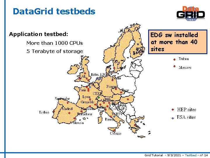 Data. Grid testbeds Application testbed: More than 1000 CPUs 5 Terabyte of storage EDG