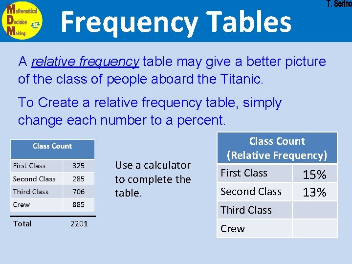 Frequency Tables A relative frequency table may give a better picture of the class