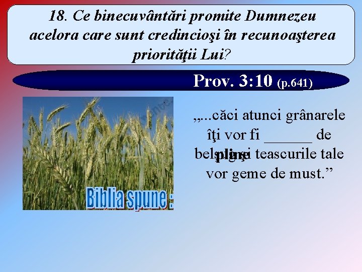 18. Ce binecuvântări promite Dumnezeu acelora care sunt credincioşi în recunoaşterea priorităţii Lui? Prov.