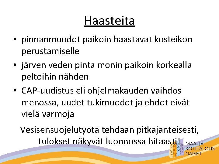 Haasteita • pinnanmuodot paikoin haastavat kosteikon perustamiselle • järven veden pinta monin paikoin korkealla