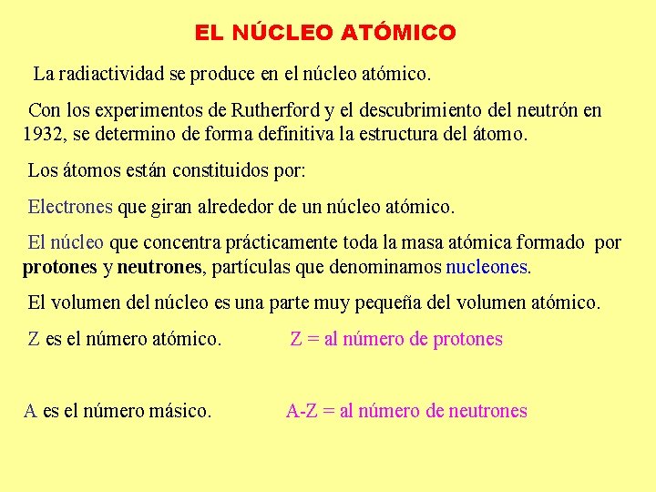 EL NÚCLEO ATÓMICO La radiactividad se produce en el núcleo atómico. Con los experimentos