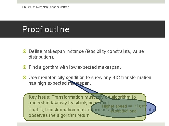 Shuchi Chawla: Non-linear objectives Proof outline Define makespan instance (feasibility constraints, value distribution). Find