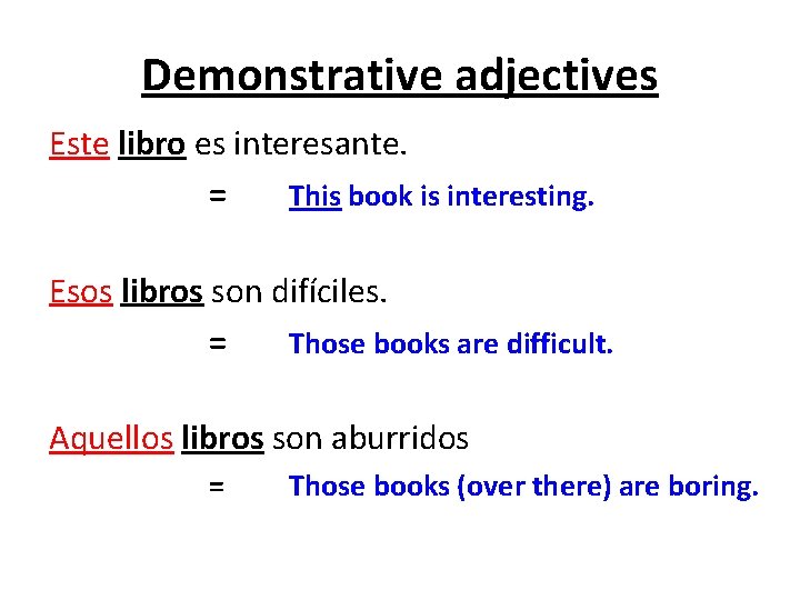 Demonstrative adjectives Este libro es interesante. = This book is interesting. Esos libros son Demonstrative adjectives Este libro es interesante. = This book is interesting. Esos libros son