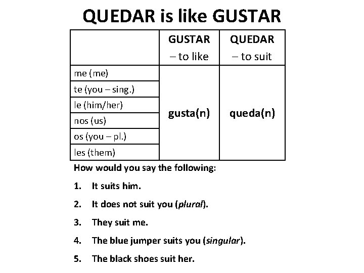 QUEDAR is like GUSTAR – to like QUEDAR – to suit gusta(n) queda(n) me QUEDAR is like GUSTAR – to like QUEDAR – to suit gusta(n) queda(n) me