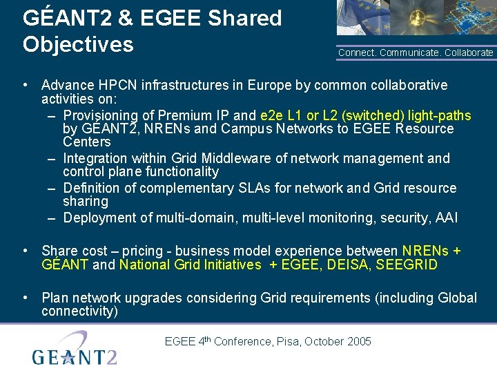 GÉANT 2 & EGEE Shared Objectives Connect. Communicate. Collaborate • Advance HPCN infrastructures in