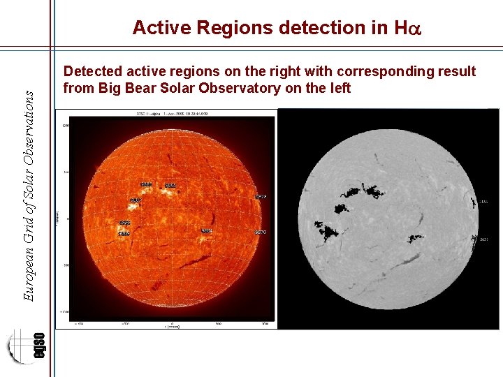 European Grid of Solar Observations Active Regions detection in H Detected active regions on