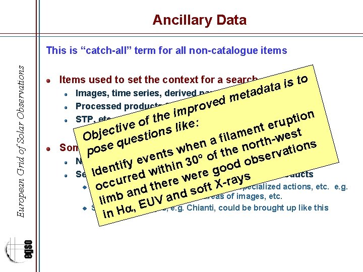 Ancillary Data European Grid of Solar Observations This is “catch-all” term for all non-catalogue