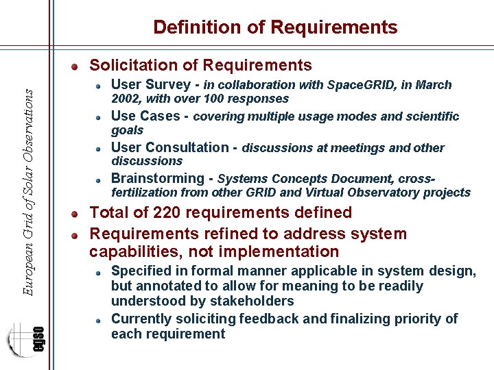 Definition of Requirements European Grid of Solar Observations Solicitation of Requirements User Survey -