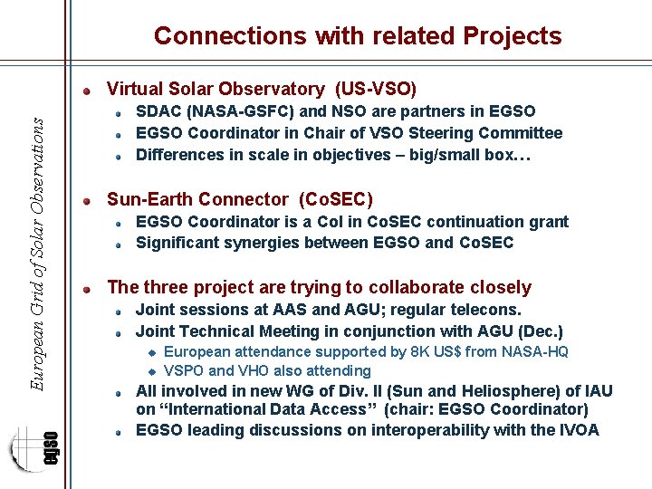 Connections with related Projects European Grid of Solar Observations Virtual Solar Observatory (US-VSO) SDAC
