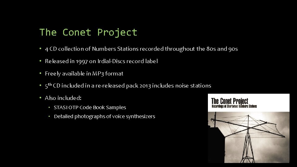 The Conet Project • 4 CD collection of Numbers Stations recorded throughout the 80