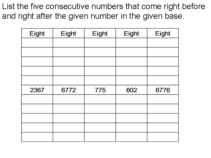 List the five consecutive numbers that come right before and right after the given