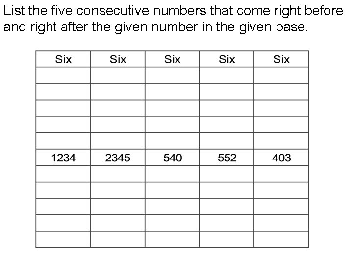 List the five consecutive numbers that come right before and right after the given