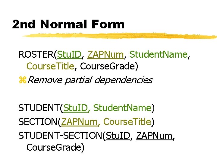 2 nd Normal Form ROSTER(Stu. ID, ZAPNum, Student. Name, Course. Title, Course. Grade) z.