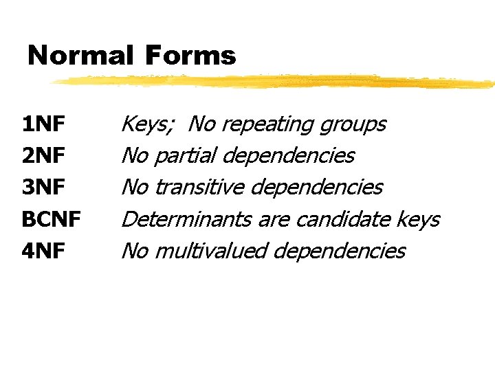 Normal Forms 1 NF 2 NF 3 NF BCNF 4 NF Keys; No repeating