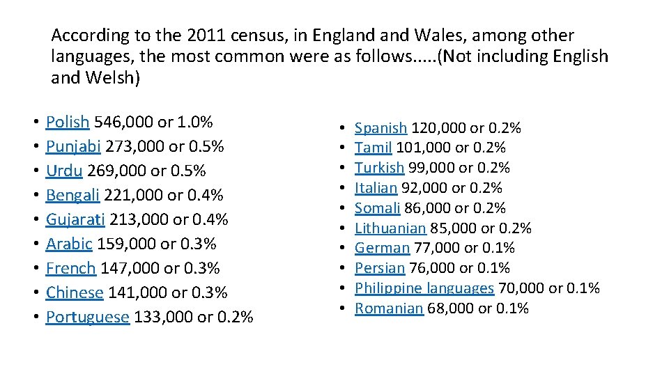 According to the 2011 census, in England Wales, among other languages, the most common