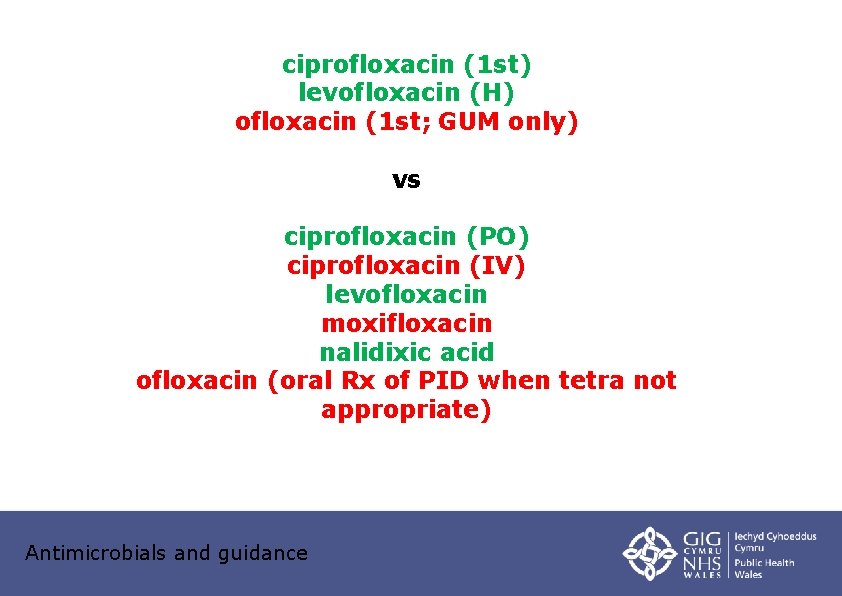 ciprofloxacin (1 st) levofloxacin (H) ofloxacin (1 st; GUM only) vs ciprofloxacin (PO) ciprofloxacin