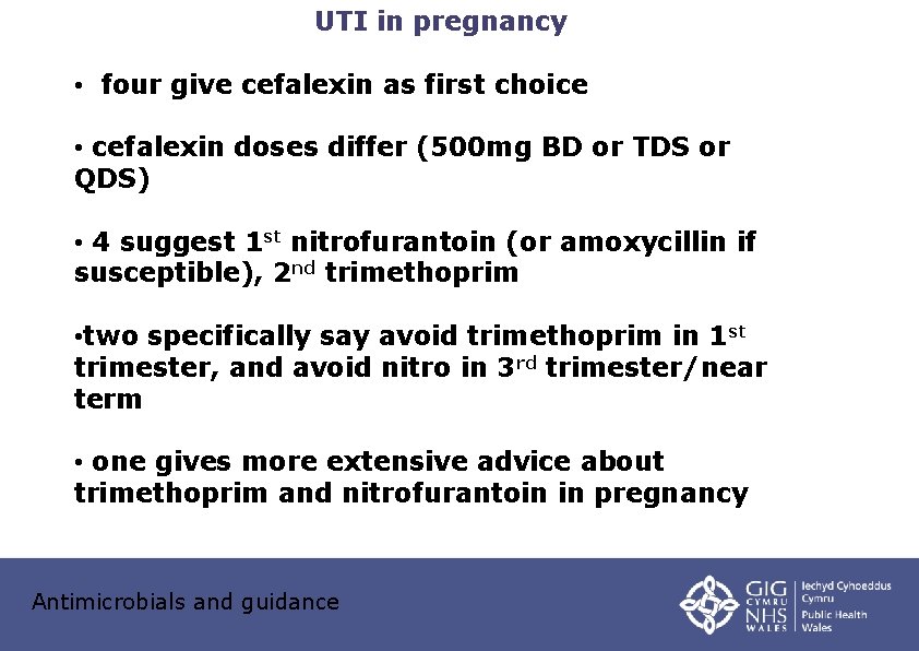 UTI in pregnancy • four give cefalexin as first choice • cefalexin doses differ