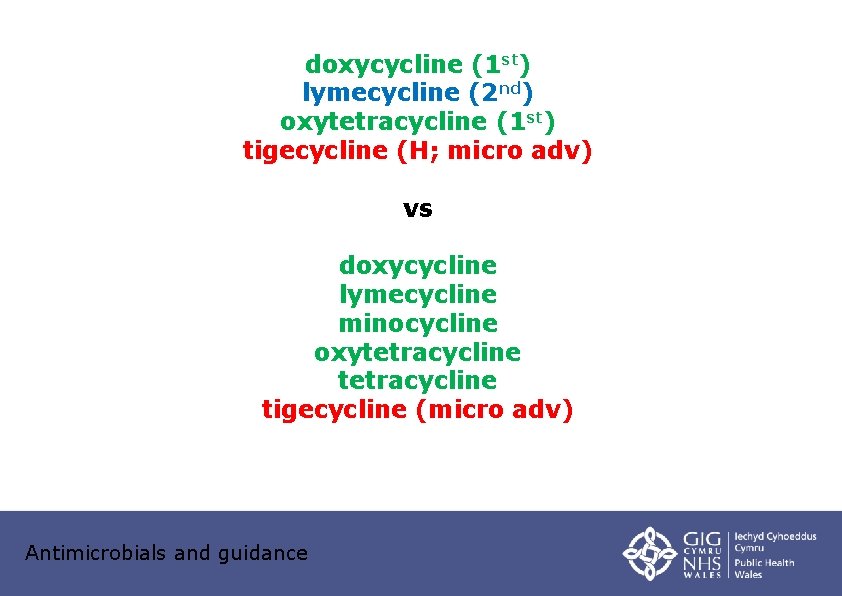 doxycycline (1 st) lymecycline (2 nd) oxytetracycline (1 st) tigecycline (H; micro adv) vs