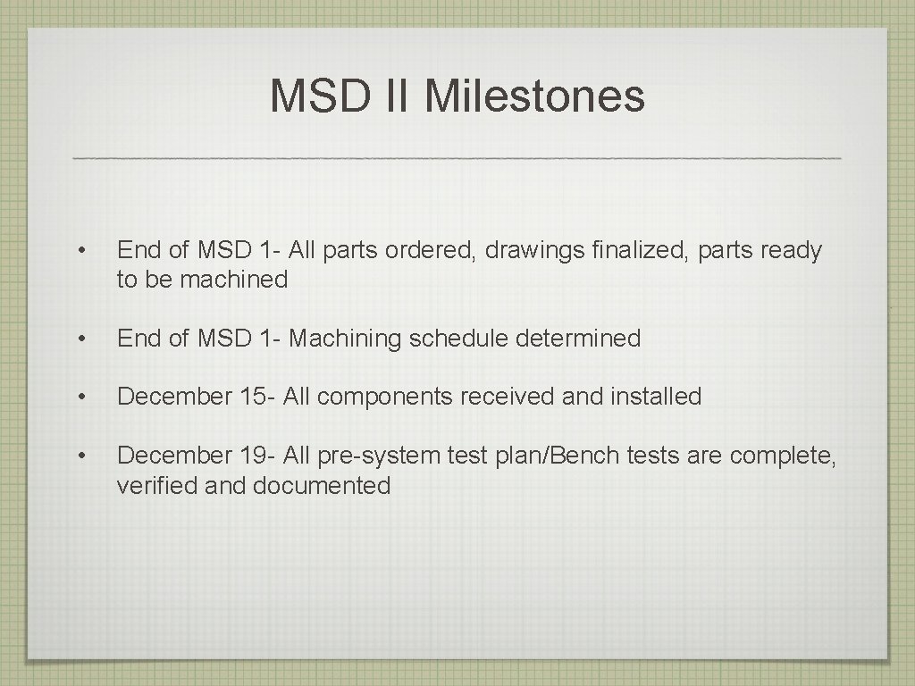 MSD II Milestones • End of MSD 1 - All parts ordered, drawings finalized,