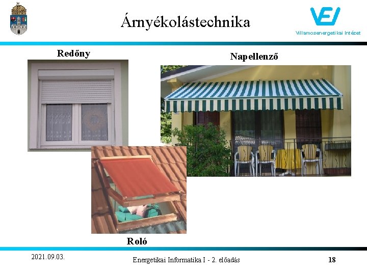 Árnyékolástechnika Redőny Villamosenergetikai Intézet Napellenző Roló 2021. 09. 03. Energetikai Informatika I - 2.