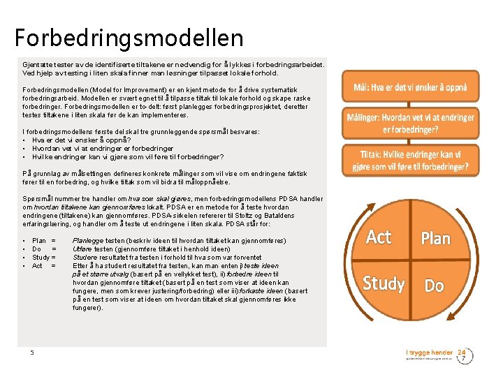 Forbedringsmodellen Gjentatte tester av de identifiserte tiltakene er nødvendig for å lykkes i forbedringsarbeidet.