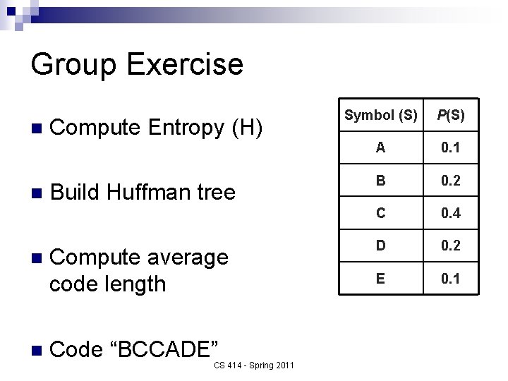 Group Exercise n n Compute Entropy (H) Build Huffman tree Compute average code length