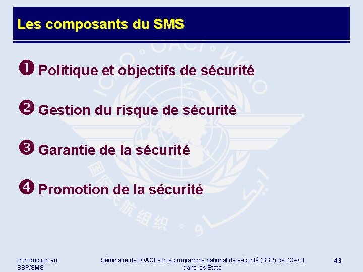 Les composants du SMS Politique et objectifs de sécurité Gestion du risque de sécurité
