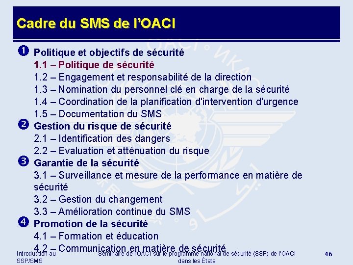 Cadre du SMS de l’OACI Politique et objectifs de sécurité 1. 1 – Politique