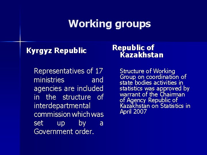 Working groups Kyrgyz Republic Representatives of 17 ministries and agencies are included in the