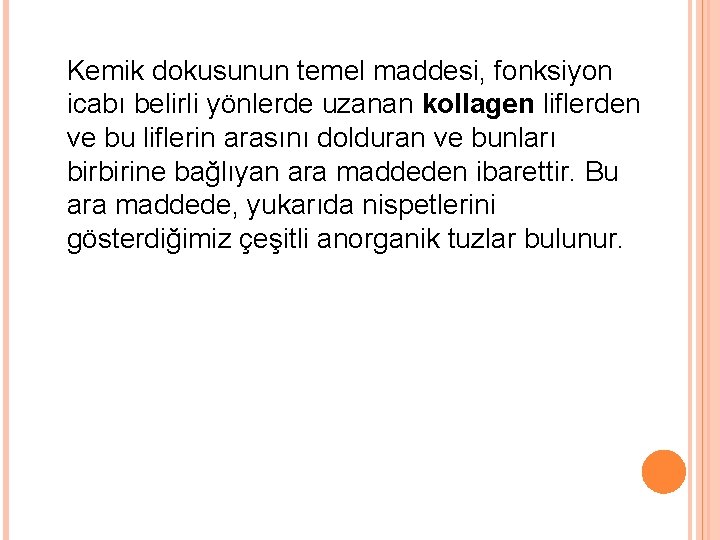 Kemik dokusunun temel maddesi, fonksiyon icabı belirli yönlerde uzanan kollagen liflerden ve bu liflerin