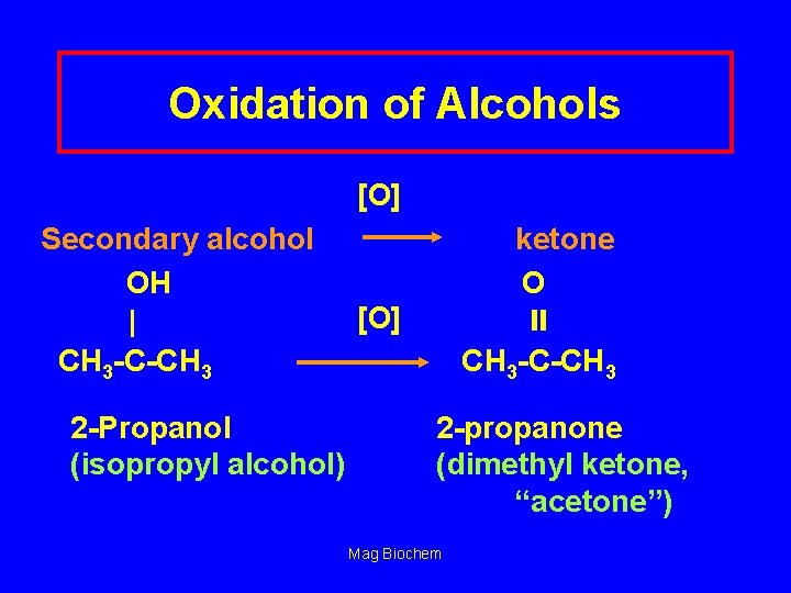 Oxidation of Alcohols [O] Secondary alcohol OH ketone O CH 3 -C-CH 3 [O]