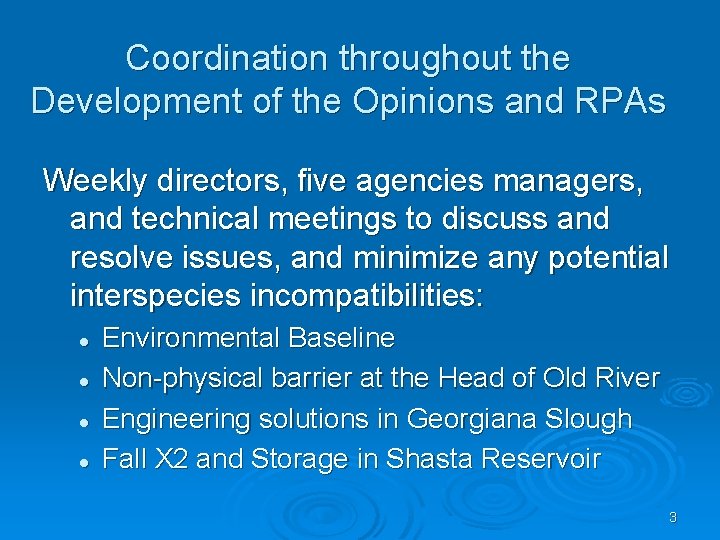 Coordination throughout the Development of the Opinions and RPAs Weekly directors, five agencies managers,