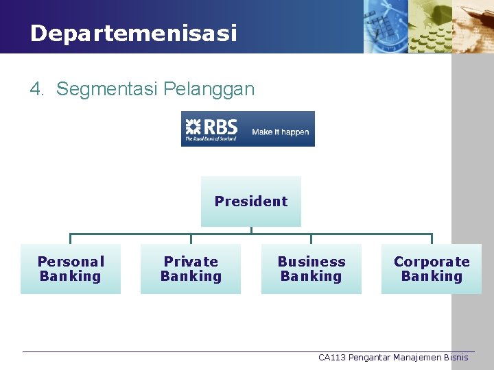 Departemenisasi 4. Segmentasi Pelanggan President Personal Banking Private Banking Business Banking Corporate Banking CA