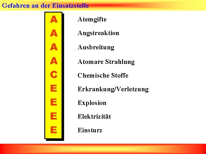 Gefahren an der Einsatzstelle Atemgifte Angstreaktion Ausbreitung Atomare Strahlung Chemische Stoffe Erkrankung/Verletzung Explosion Elektrizität