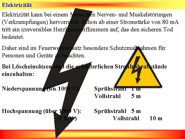 Elektrizität kann bei einem Menschen Nerven- und Muskelstörungen (Verkrampfungen) hervorrufen. Schon ab einer Stromstärke