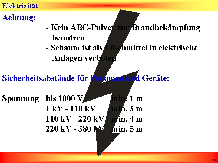 Elektrizität Achtung: - Kein ABC-Pulver zur Brandbekämpfung benutzen - Schaum ist als Löschmittel in