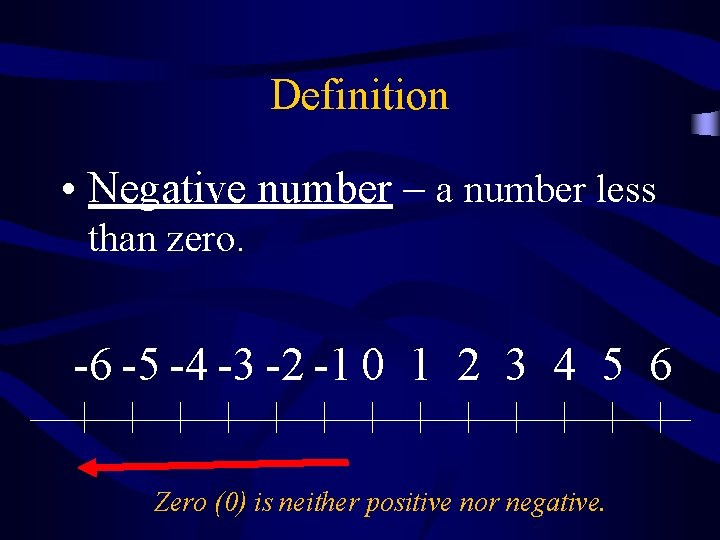 Definition • Negative number – a number less than zero. -6 -5 -4 -3