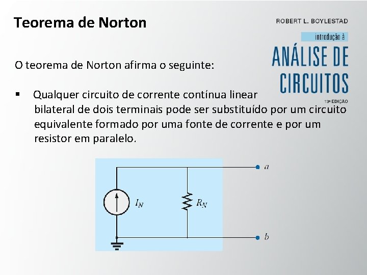 Teorema de Norton O teorema de Norton afirma o seguinte: § Qualquer circuito de