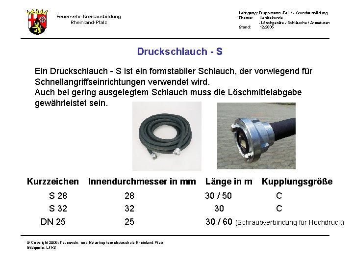 Lehrgang: Truppmann -Teil 1 - Grundausbildung Thema: Gerätekunde -Löschgeräte / Schläuche / Armaturen Stand: